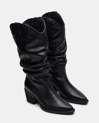 Steve Madden STAGE Black Leather Pointed-Toe Scrunched Western Women's Boot