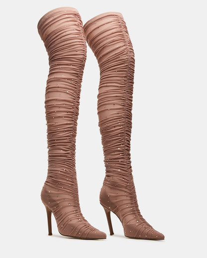 Steve Madden RASHIDA Blush Mesh Over-The-Knee Pointed-Toe Rhinestone Stiletto Heel Women's Boot