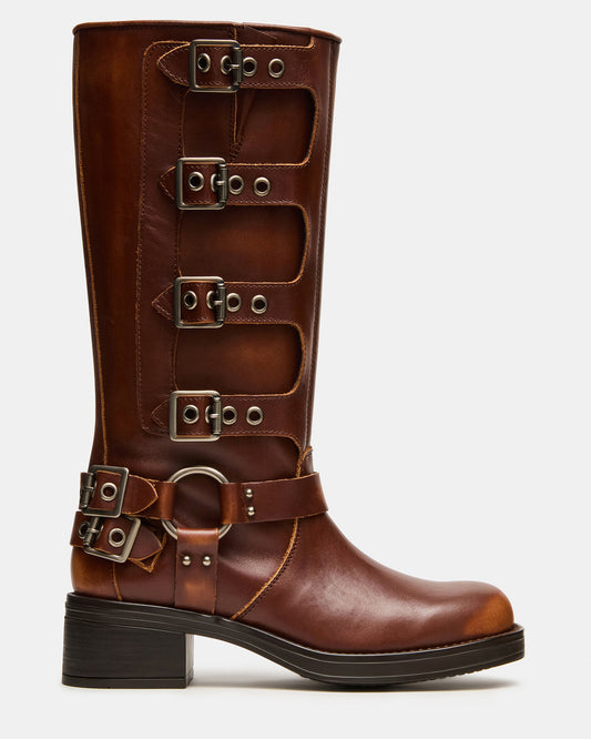 Steve Madden ROCKY Cognac Distressed Knee-High Moto Women's Boot