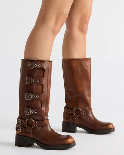 Steve Madden ROCKY Cognac Distressed Knee-High Moto Women's Boot