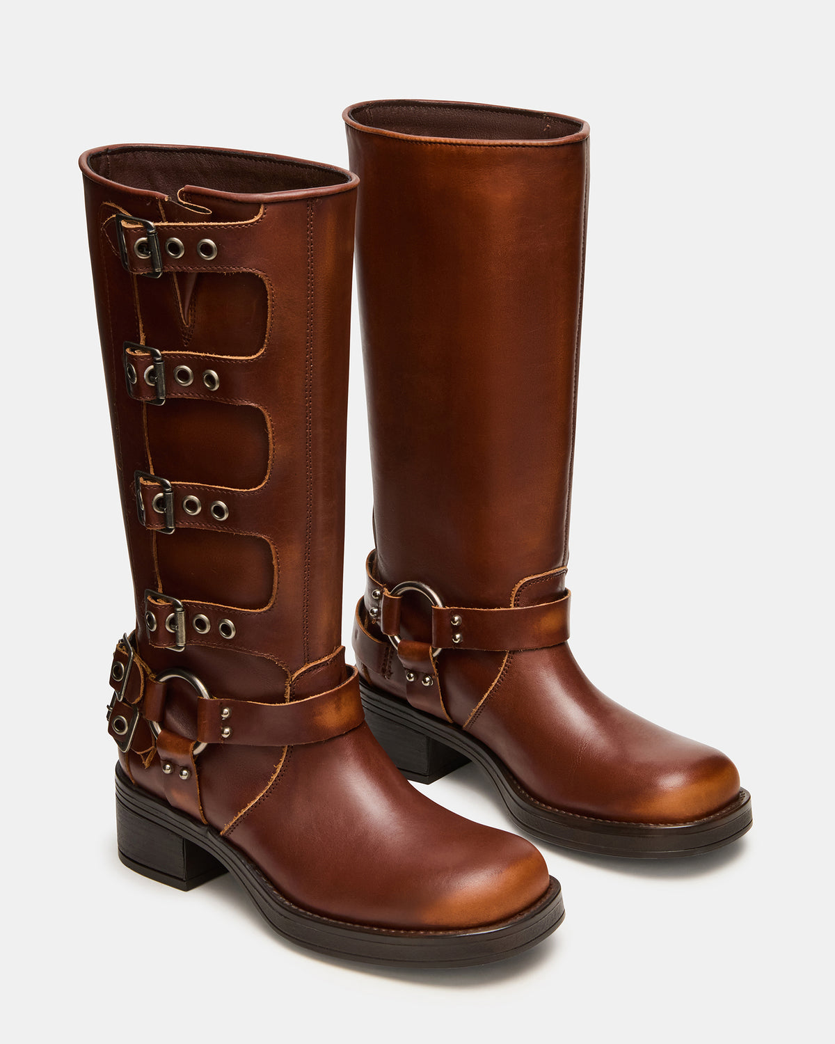 Steve Madden ROCKY Cognac Distressed Knee-High Moto Women's Boot
