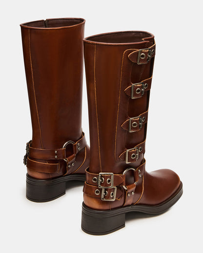 Steve Madden ROCKY Cognac Distressed Knee-High Moto Women's Boot