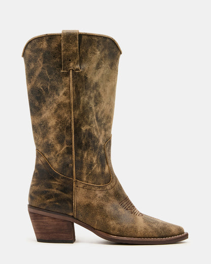 Steve Madden ALBANY Brown Distressed Wide Calf Pointed-Toe Women's Western Boot