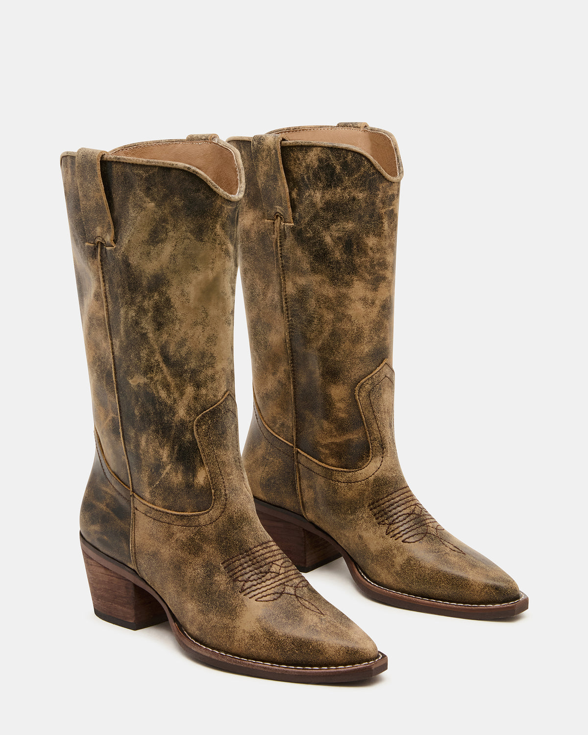 Steve Madden ALBANY Brown Distressed Wide Calf Pointed-Toe Women's Western Boot