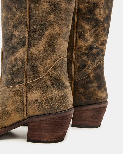 Steve Madden ALBANY Brown Distressed Wide Calf Pointed-Toe Women's Western Boot