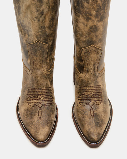 Steve Madden ALBANY Brown Distressed Wide Calf Pointed-Toe Women's Western Boot