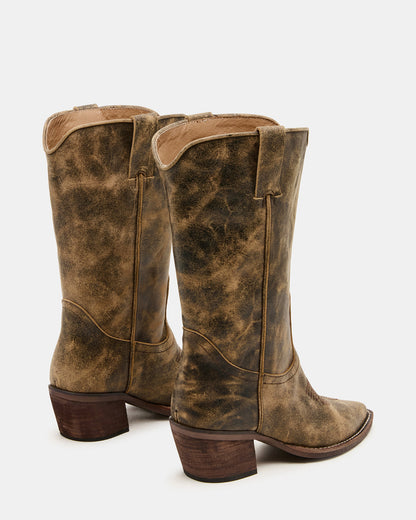 Steve Madden ALBANY Brown Distressed Wide Calf Pointed-Toe Women's Western Boot