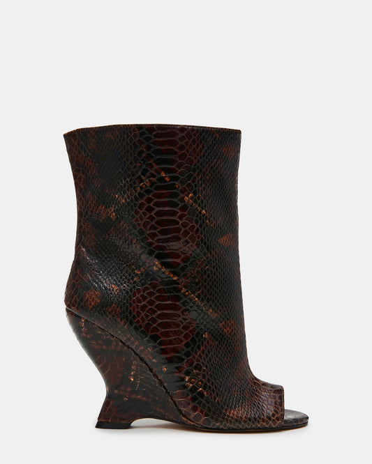 Steve Madden RYLIX Brown Snake Wedge Peep-Toe Women's Ankle Boot