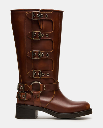 Steve Madden ROCKY Cognac Distressed Wide Calf Knee-High Moto Women's Boot