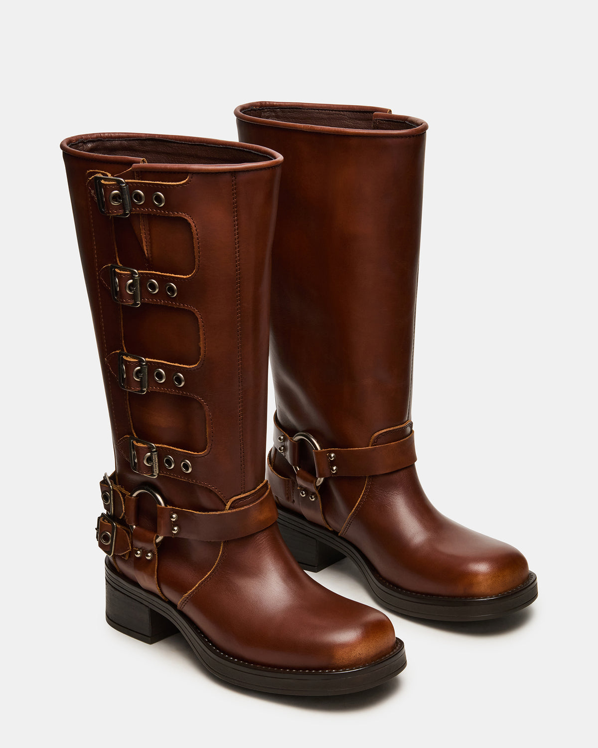 Steve Madden ROCKY Cognac Distressed Wide Calf Knee-High Moto Women's Boot