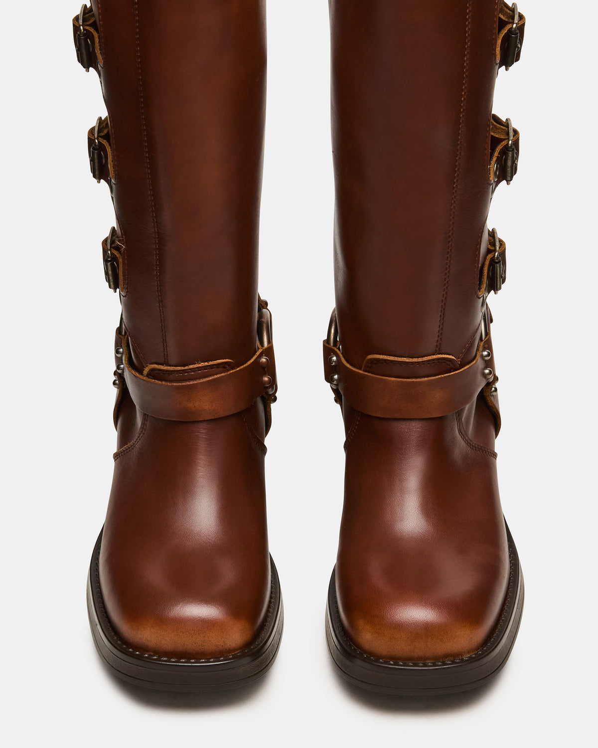 Steve Madden ROCKY Cognac Distressed Wide Calf Knee-High Moto Women's Boot