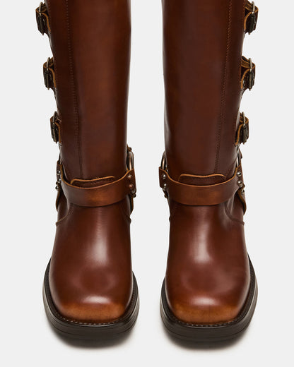 Steve Madden ROCKY Cognac Distressed Wide Calf Knee-High Moto Women's Boot