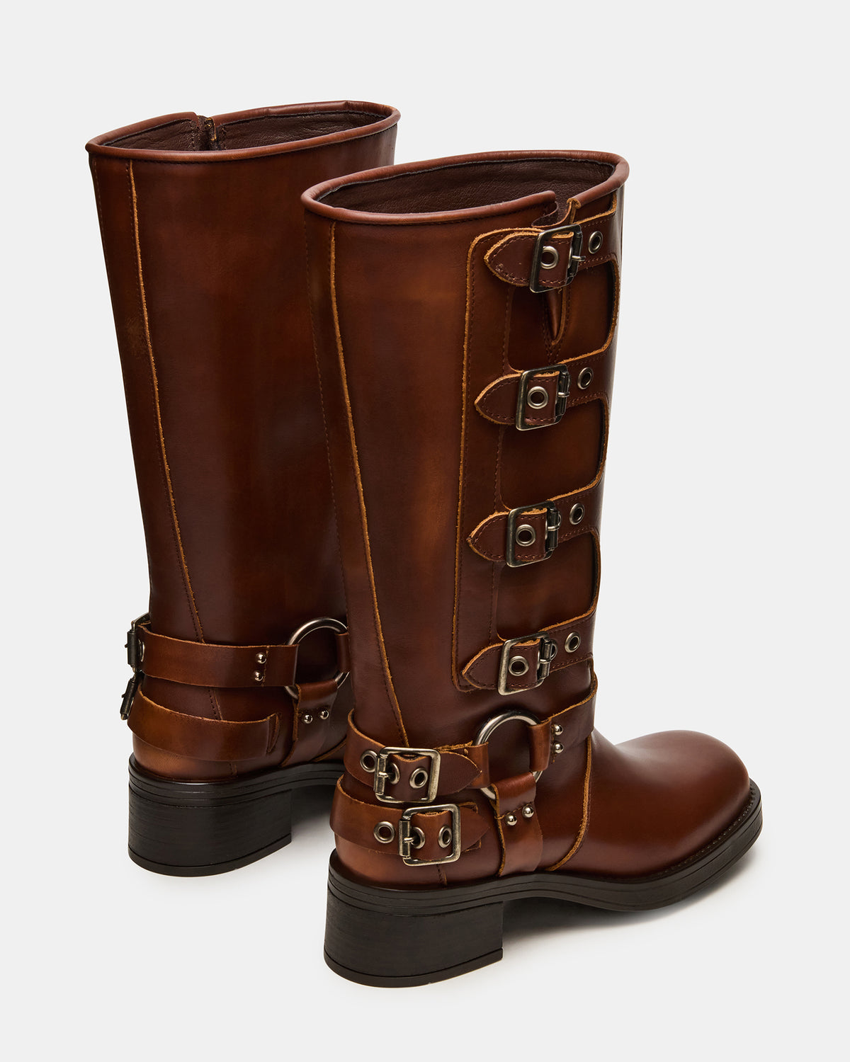 Steve Madden ROCKY Cognac Distressed Wide Calf Knee-High Moto Women's Boot