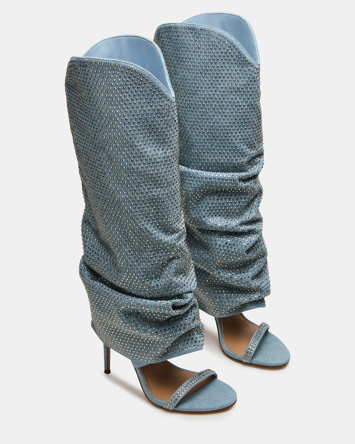 Steve Madden RAVINE Denim Rhinestones Knee-High Cuffed Stiletto Heel Women's Boot