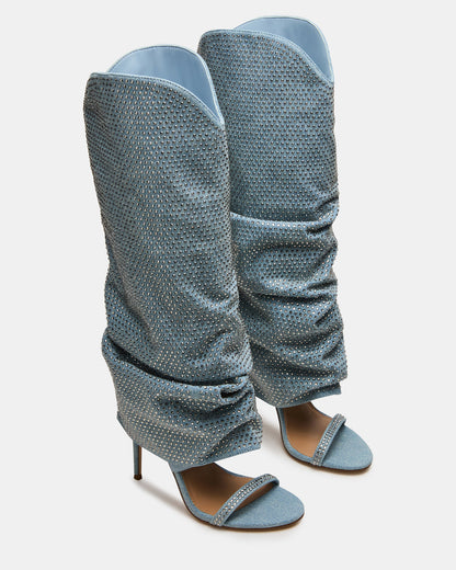 Steve Madden RAVINE Denim Rhinestones Knee-High Cuffed Stiletto Heel Women's Boot
