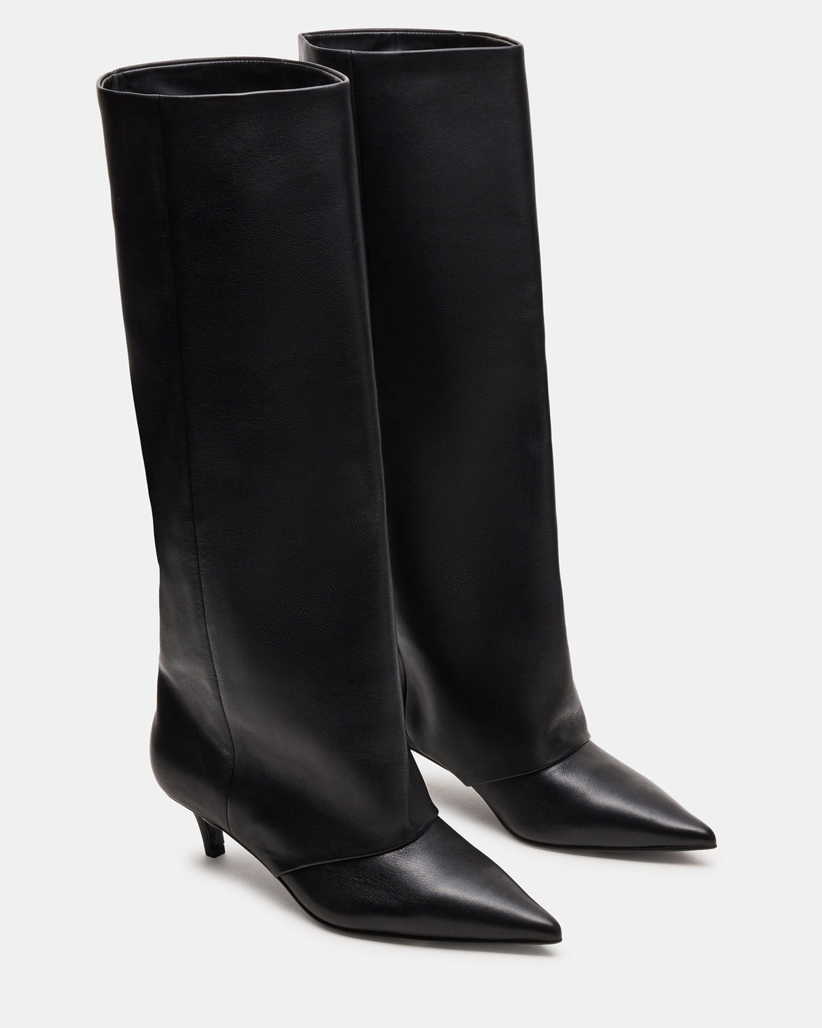 Steve Madden LUCA Black Leather Pointed-Toe Cuffed Kitten Heel Women's Boot