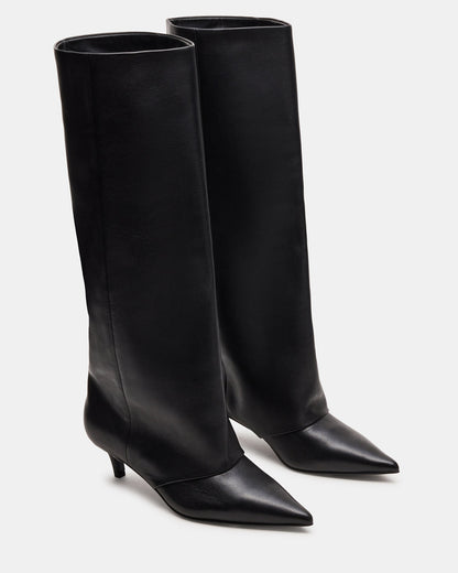 Steve Madden LUCA Black Leather Pointed-Toe Cuffed Kitten Heel Women's Boot