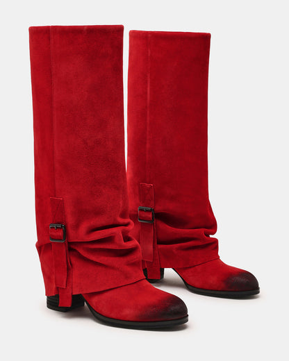 Steve Madden BOZEMAN Red Suede Knee-High Fold-Over Cuffed Women's Boot