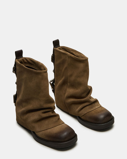 Steve Madden BENJI Taupe Suede Cuffed Fold-Over Moto Buckle Women's Ankle Boot
