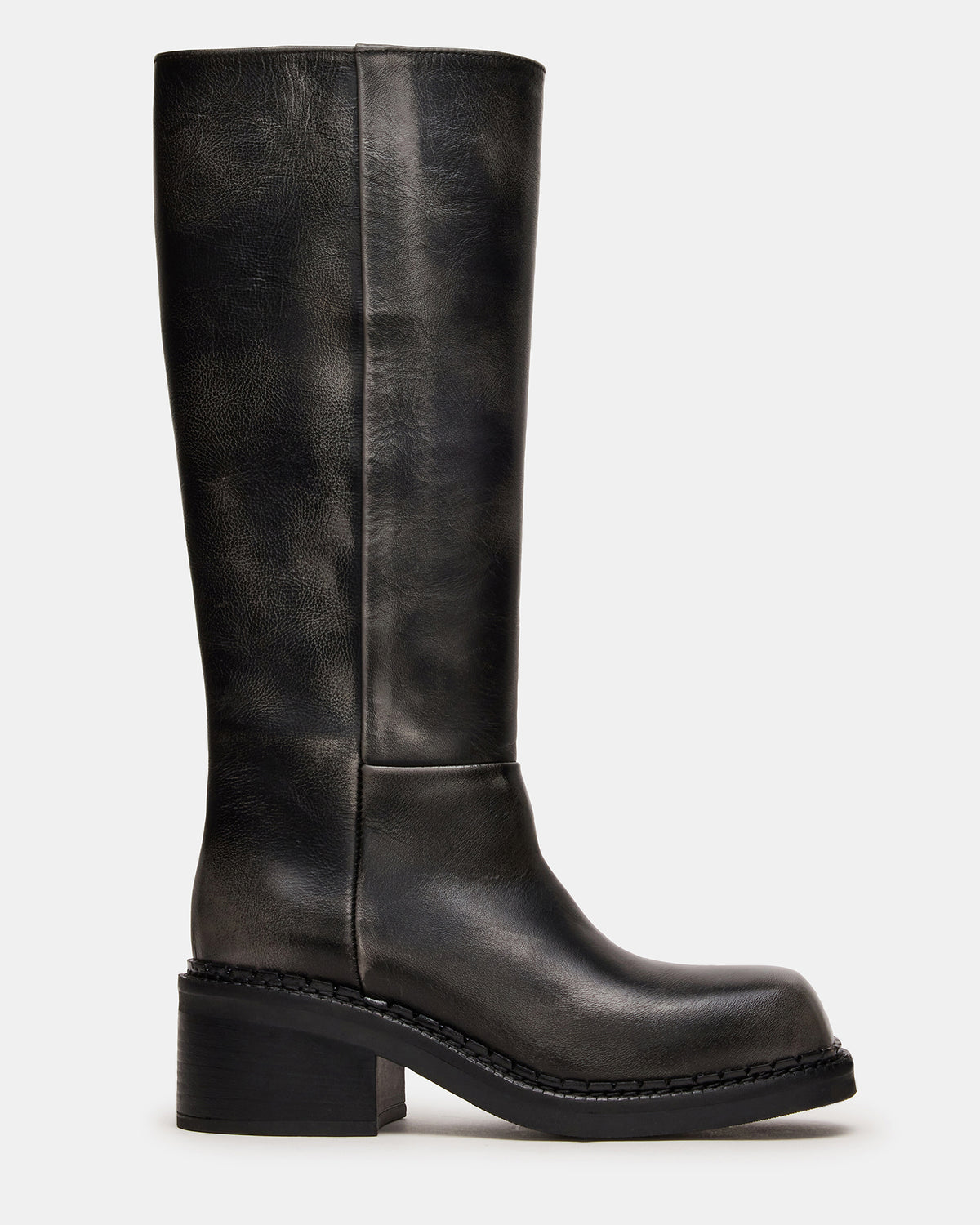 Steve Madden DAVOS Black Distressed Square-Toe Knee High Block Heel Women's Boot