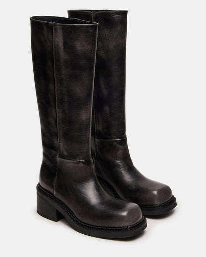 Steve Madden DAVOS Black Distressed Square-Toe Knee High Block Heel Women's Boot