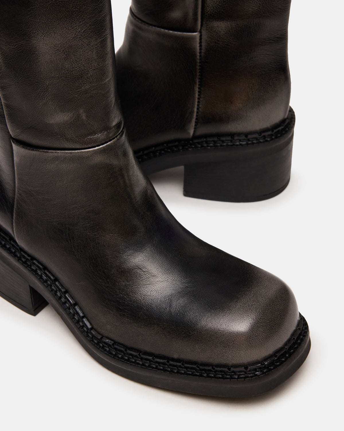 Steve Madden DAVOS Black Distressed Square-Toe Knee High Block Heel Women's Boot