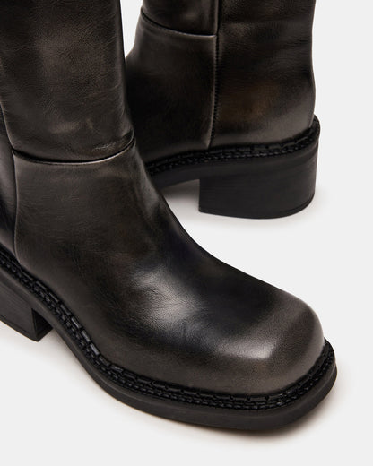Steve Madden DAVOS Black Distressed Square-Toe Knee High Block Heel Women's Boot