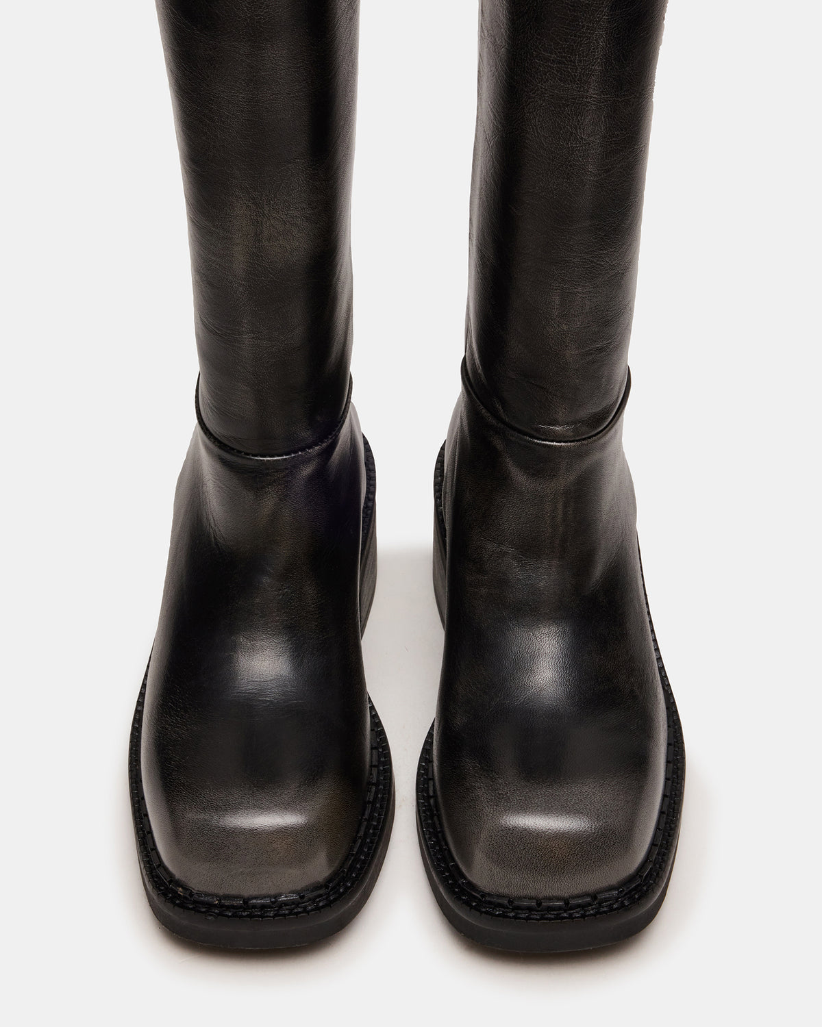 Steve Madden DAVOS Black Distressed Square-Toe Knee High Block Heel Women's Boot