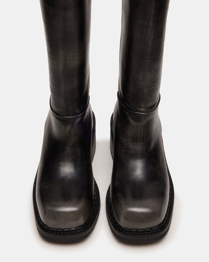 Steve Madden DAVOS Black Distressed Square-Toe Knee High Block Heel Women's Boot