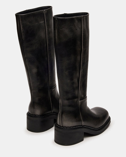 Steve Madden DAVOS Black Distressed Square-Toe Knee High Block Heel Women's Boot