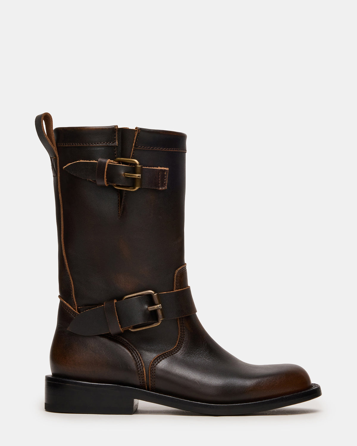 Steve Madden IRVING Black Distressed Buckle Moto Round-Toe Women's Boot