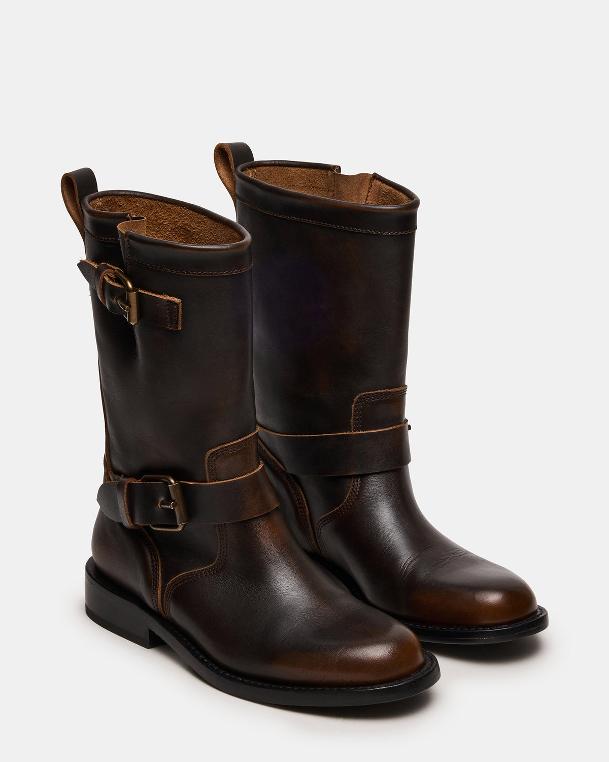 Steve Madden IRVING Black Distressed Buckle Moto Round-Toe Women's Boot