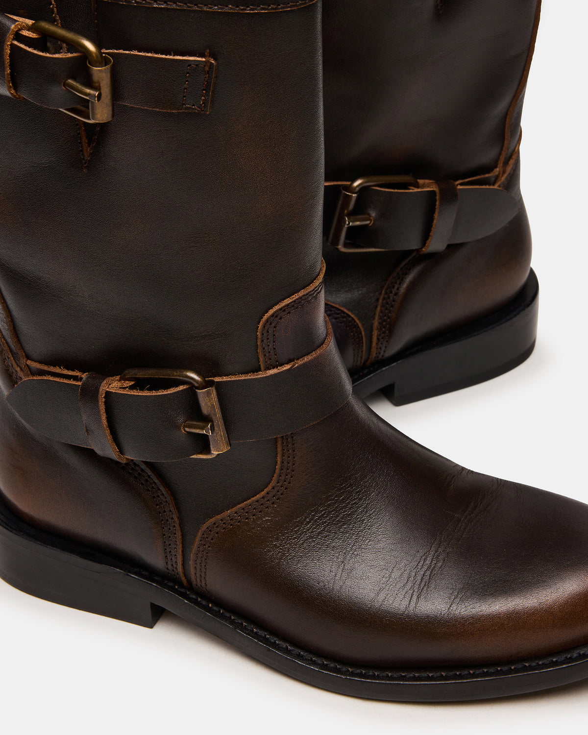 Steve Madden IRVING Black Distressed Buckle Moto Round-Toe Women's Boot