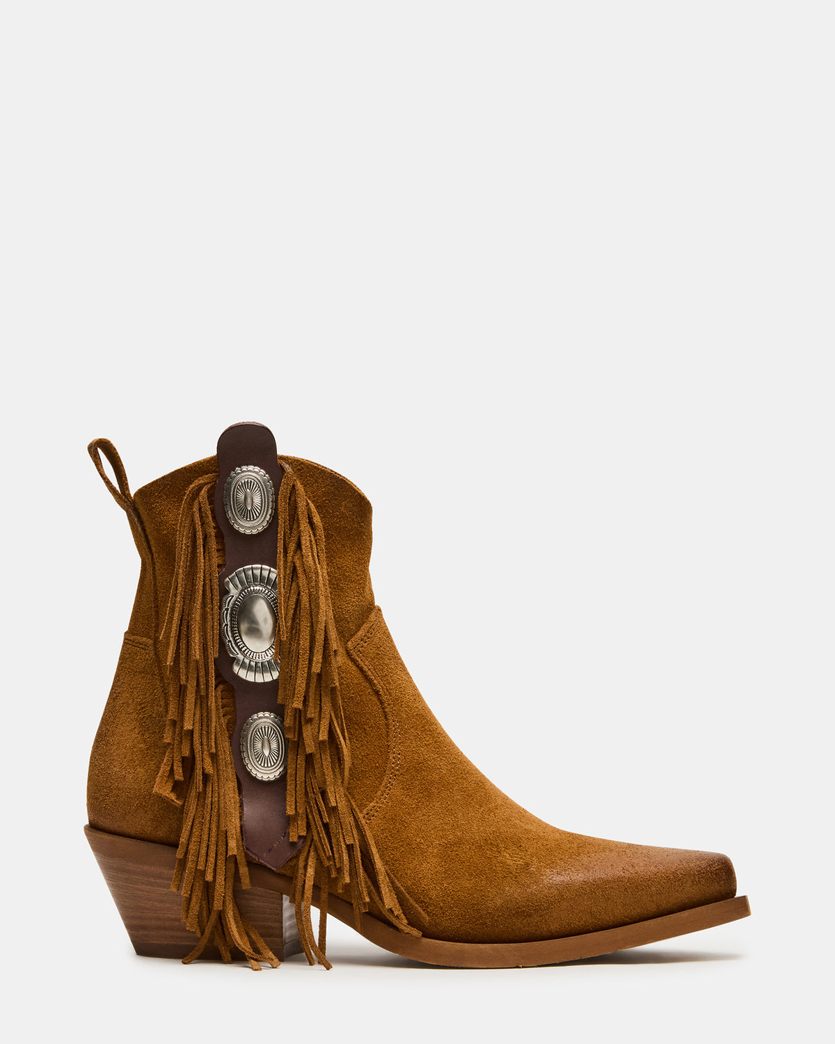 Steve Madden LARAMIE Chestnut Suede Fringe Western Pointed-Toe Women's Ankle Boot