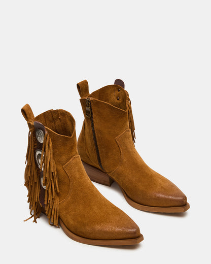 Steve Madden LARAMIE Chestnut Suede Fringe Western Pointed-Toe Women's Ankle Boot