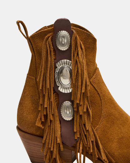 Steve Madden LARAMIE Chestnut Suede Fringe Western Pointed-Toe Women's Ankle Boot