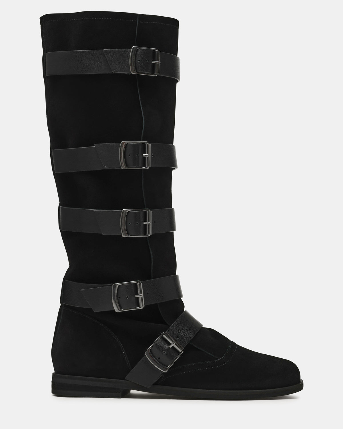 Steve Madden INDIO Black Suede Buckle Strap Knee-High Round-Toe Women's Boot