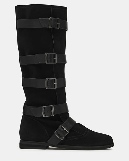 Steve Madden INDIO Black Suede Buckle Strap Knee-High Round-Toe Women's Boot