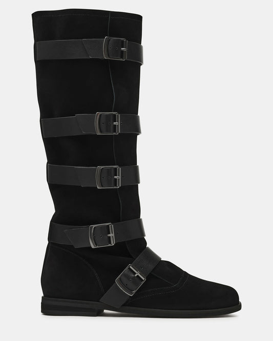 Steve Madden INDIO Black Suede Buckle Strap Knee-High Round-Toe Women's Boot