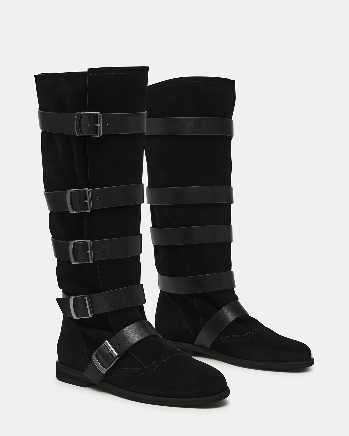 Steve Madden INDIO Black Suede Buckle Strap Knee-High Round-Toe Women's Boot
