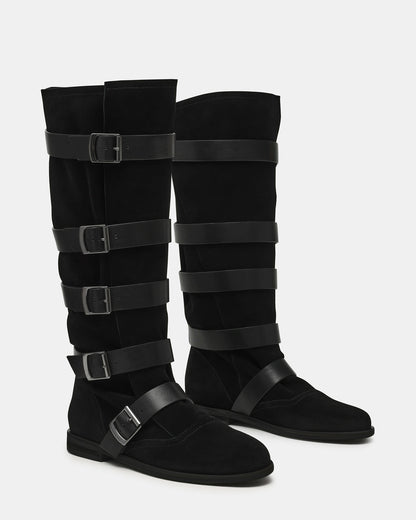 Steve Madden INDIO Black Suede Buckle Strap Knee-High Round-Toe Women's Boot