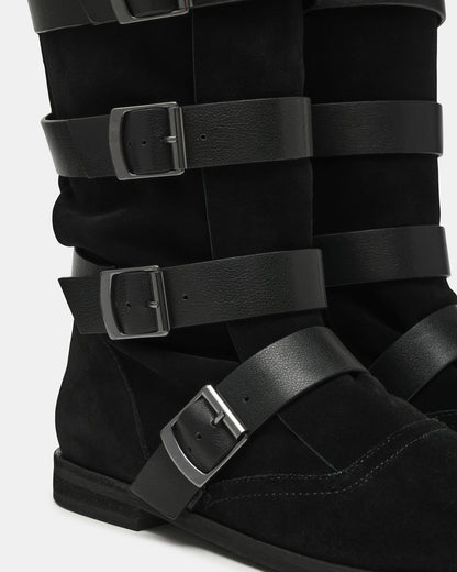 Steve Madden INDIO Black Suede Buckle Strap Knee-High Round-Toe Women's Boot