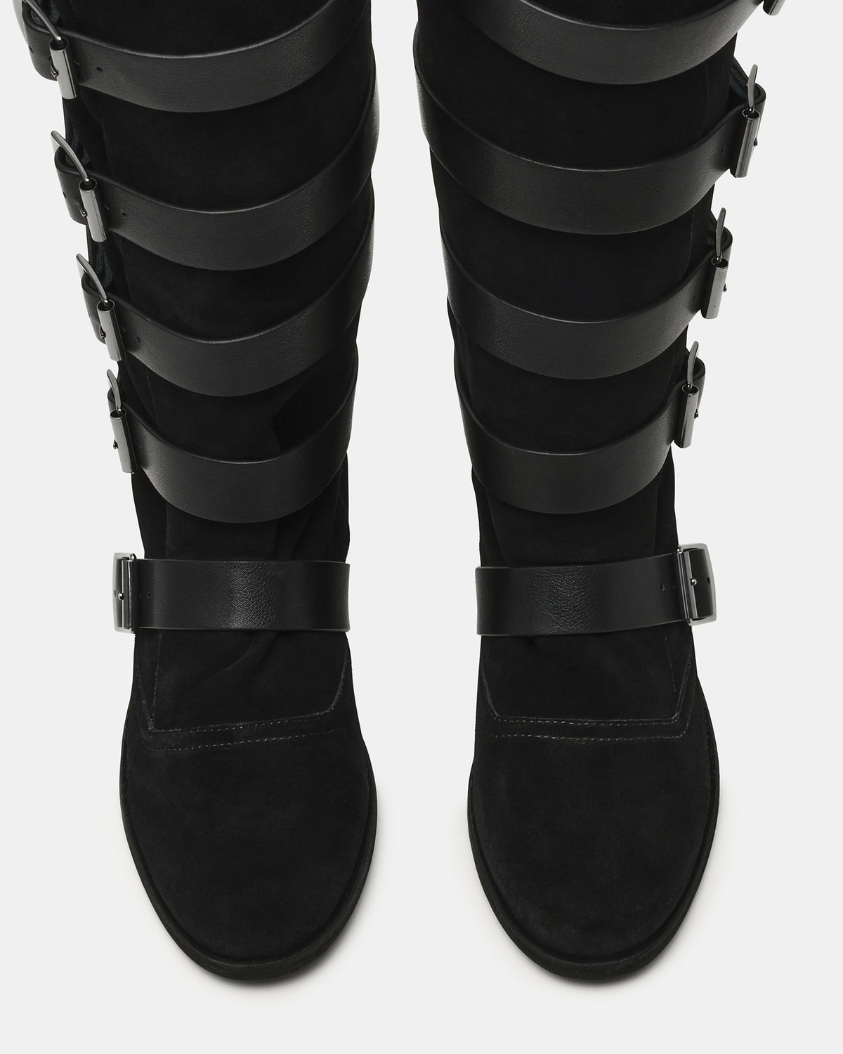 Steve Madden INDIO Black Suede Buckle Strap Knee-High Round-Toe Women's Boot