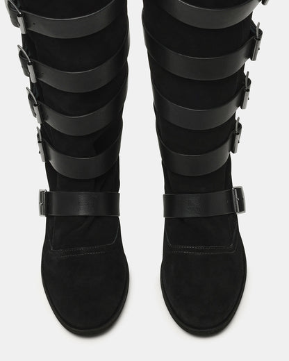 Steve Madden INDIO Black Suede Buckle Strap Knee-High Round-Toe Women's Boot