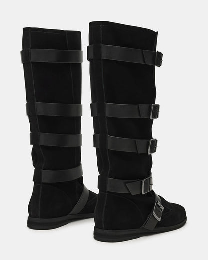 Steve Madden INDIO Black Suede Buckle Strap Knee-High Round-Toe Women's Boot