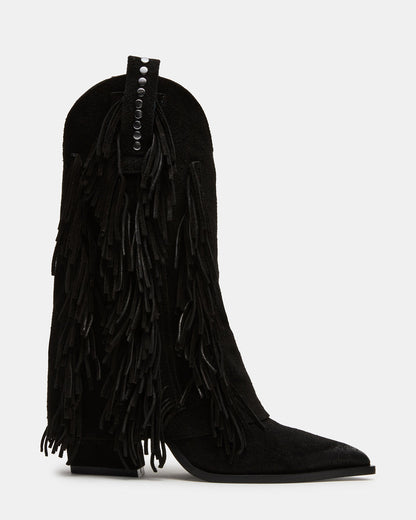 Steve Madden LANDMARK Black Suede Cuffed Fringe Western Women's Ankle Boot