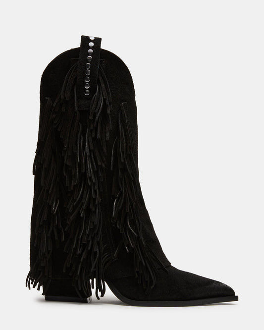 Steve Madden LANDMARK Black Suede Cuffed Fringe Western Women's Ankle Boot