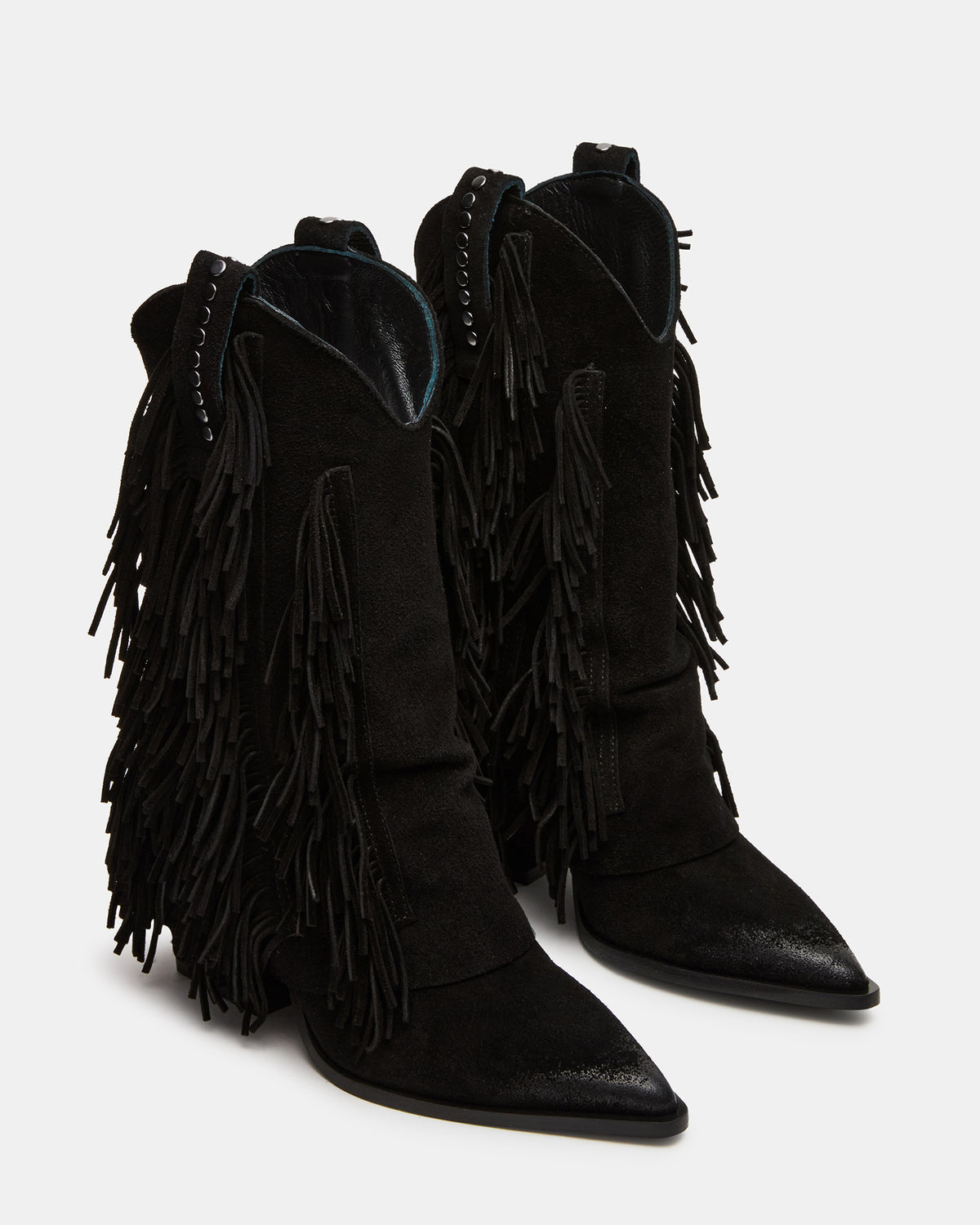 Steve Madden LANDMARK Black Suede Cuffed Fringe Western Women's Ankle Boot