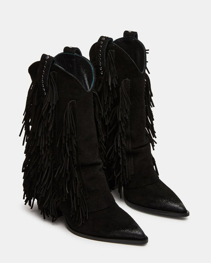 Steve Madden LANDMARK Black Suede Cuffed Fringe Western Women's Ankle Boot