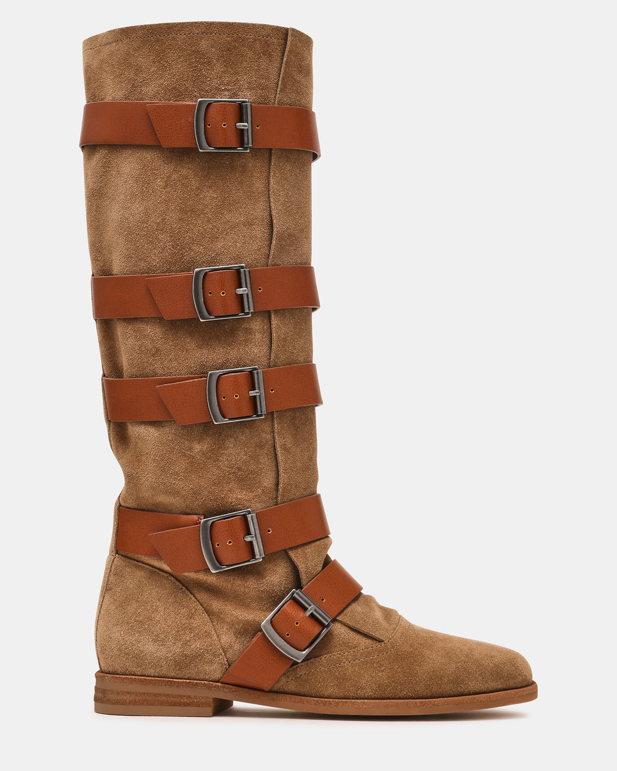 Steve Madden INDIO Tan Suede Buckle Strap Knee-High Round-Toe Women's Boot